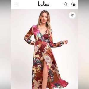 Put on a Smile Burgundy Floral Print Satin Wrap Maxi Dress